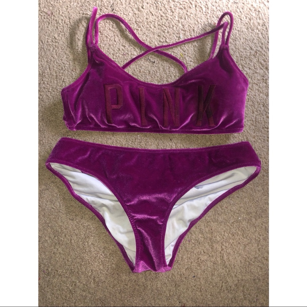 Victoria’s Secret pink velvet purple swimsuit top is medium, bottoms are large.